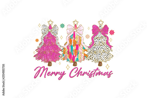 Colorful Retro Pink Leopard Print Merry Christmas Trees Graphic Art Sublimation Design
