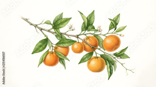 Vintage botanical illustration of fresh oranges growing on a leafy branch with white blossoms
