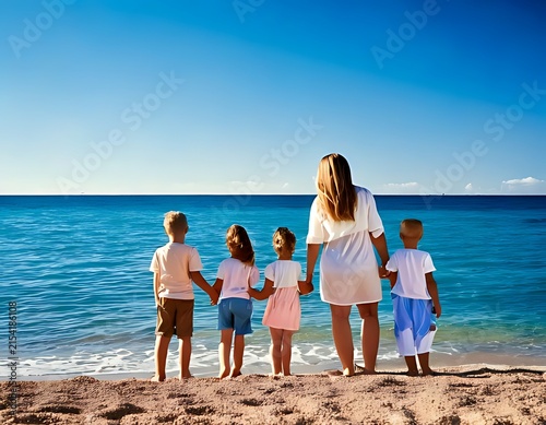 Mother and four children standing on the beach looking at the ocean.