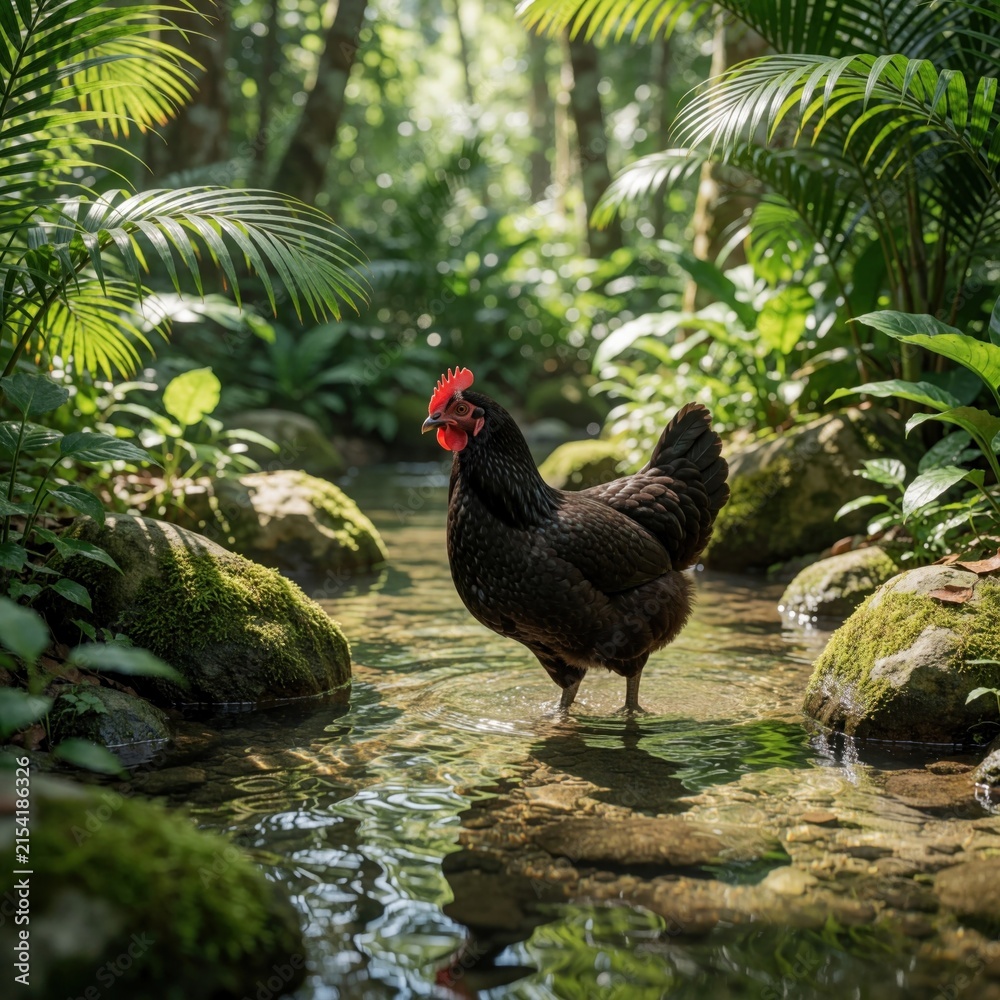 Obraz premium Black hen walks through shallow jungle stream. Tropical chicken stands in clear river water among mossy rocks, green palm leaves. Wild poultry explores forest creek in exotic Tahiti nature. Beautiful