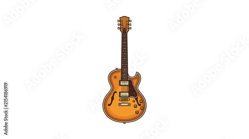 Foto Guitar with a sunburst orange finish stands vertically as a detailed hollowbody electric musical instrument