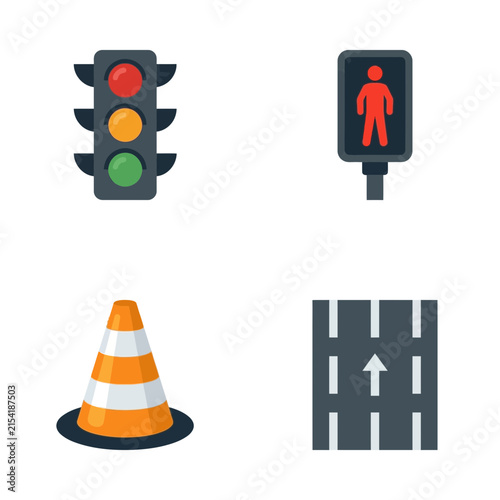 Traffic control symbols include a vertical traffic light, a pedestrian signal, an orange safety cone, and an asphalt road.