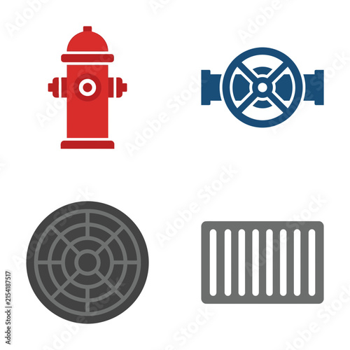Red fire hydrant, blue pipe valve, dark manhole cover, and rectangular drainage grate collection.