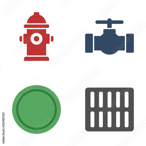 Fire hydrant, pipe valve, manhole cover, and drainage grate icons presented as a clean graphic set.