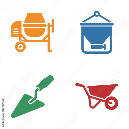 Construction equipment vector set featuring cement mixer and trowel.