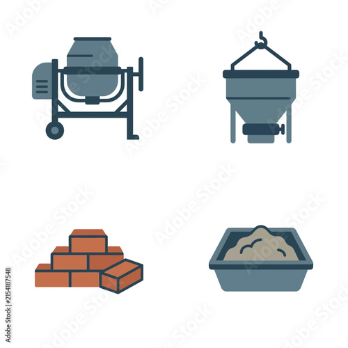 Concrete mixer and brick pile icons isolated on white background.