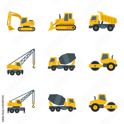 Industrial construction vehicles including cranes, cement mixers, road rollers, and excavators.