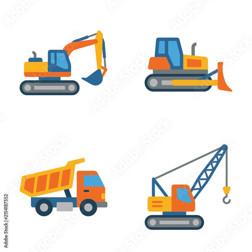 Heavy construction machinery featuring an excavator, bulldozer, dump truck, and crane in flat vector style.