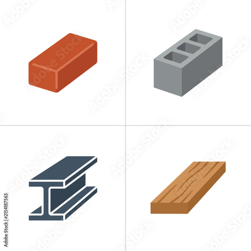 Building materials such as clay bricks, hollow concrete blocks, I-beams, and timber planks.