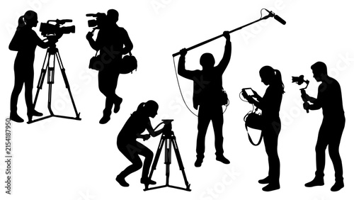 Silhouettes of film crew members with cameras and audio equipment vector illustration