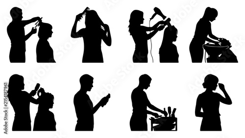 Set of silhouettes of a hairdresser working with clients vector illustration