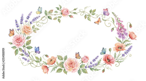 Oval floral wreath with roses lavender and butterflies.