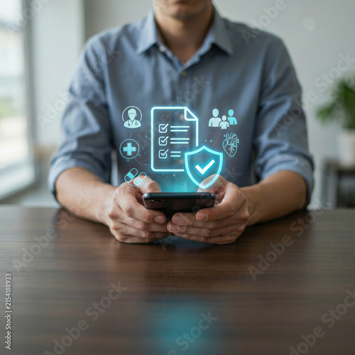 User holding a smartphone interacts with digital medical insurance policy icons on a virtual screen.