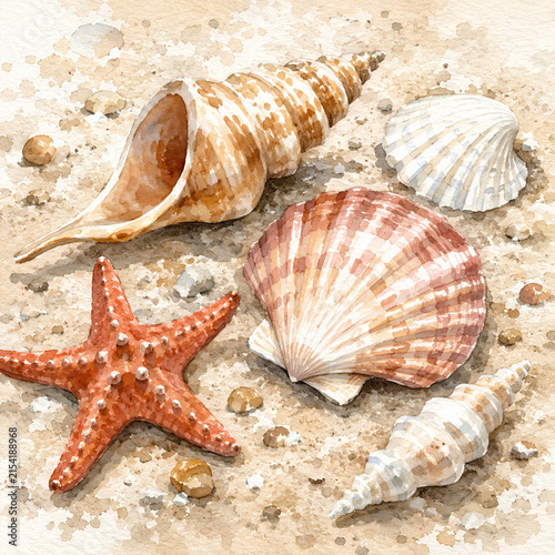 Watercolor Seashells and Starfish on Sandy Beach