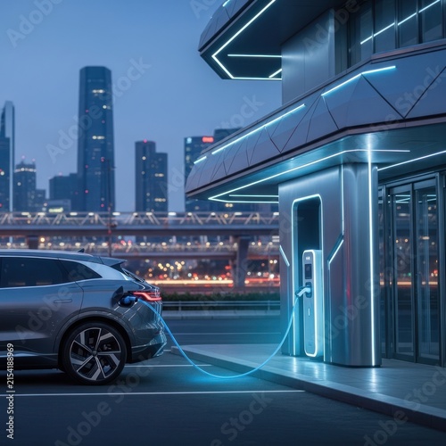 Electric vehicle charging at modern station with city skyline background
