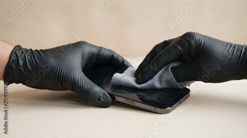 Professional Cleaning of Modern Smartphone Screen Using Microfiber Cloth and Black Protective Latex Gloves