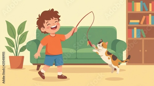 Happy little boy playing with cat using feather wand toy in living room vector illustration