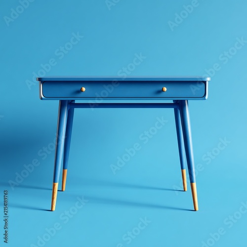 Modern Blue Desk with Golden Handles and Drawers on a Blue Background