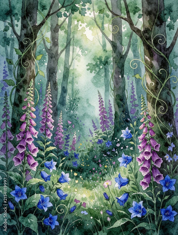 Fototapeta premium Watercolor painting of a magical forest path filled with foxgloves and bluebells. Lush green vines climb dark tree trunks under a canopy of soft light.