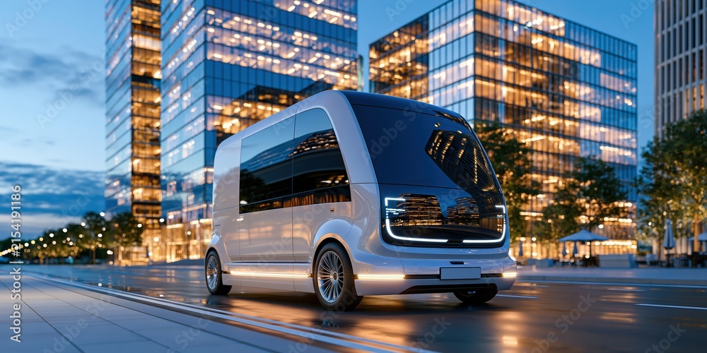 Obraz premium Autonomous electric delivery van parked at night outside illuminated modern office towers in a business district, copy space for text