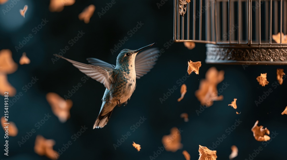 Naklejka premium The Hummingbird in Flight Among Falling Leaves and a Hanging Birdcage