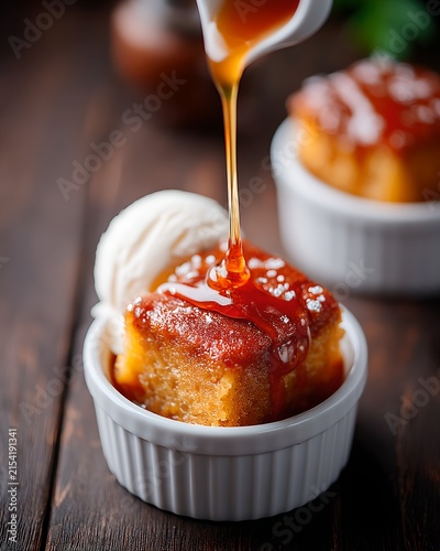 A delectable square cake with a generous pour of caramel sauce over it, served with a scoop of vanilla ice cream. The cake is moist and golden, with a rich caramel topping, perfect for a sweet treat
