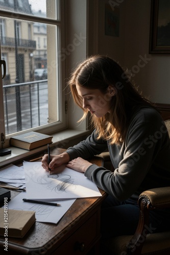 A woman with long, light brown hair is seated at a wooden desk, sketching with a pencil on paper as she gazes out the window at a rainy cityscape.