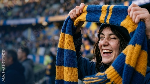 Woman Enjoying Exciting Moment at a Sports Event with Yellow and Blue Scarf