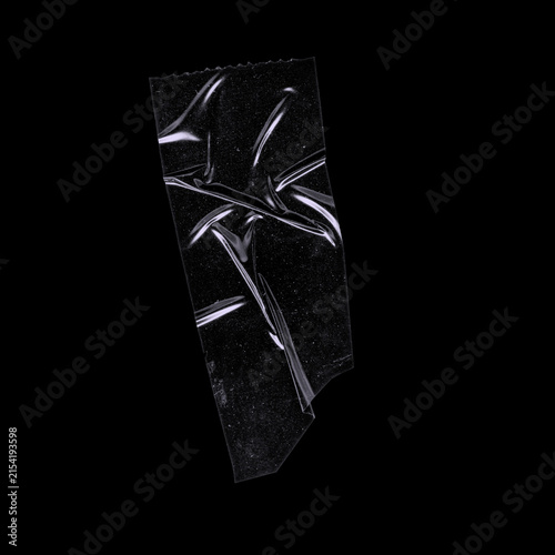 Angled black duct tape strip with branching star-like shiny folds on black background, realistic adhesive tape isolated
