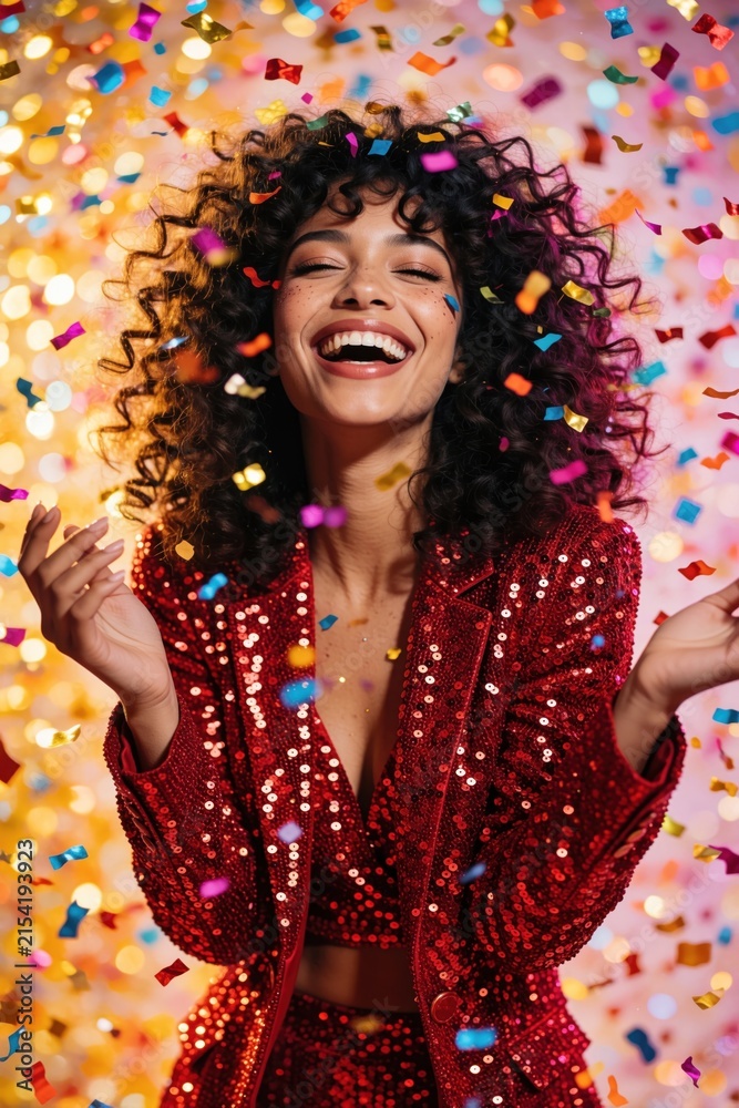 Obraz premium Young woman in red sparkly outfit laughs joyfully amid colorful falling confetti. Her curly hair and expressive face show pure happiness and excitement at a vibrant indoor party event.