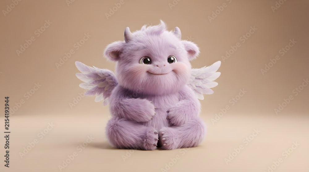 Fototapeta premium Adorable purple plush creature with wings on beige background