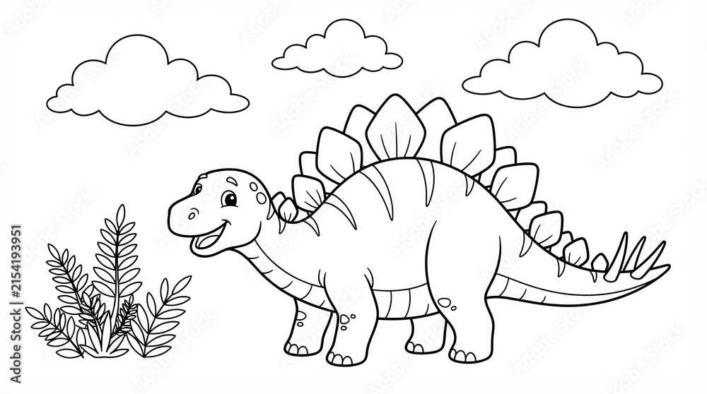 Fototapeta premium Cute stegosaurus dinosaur coloring page for kids with clouds and bush
