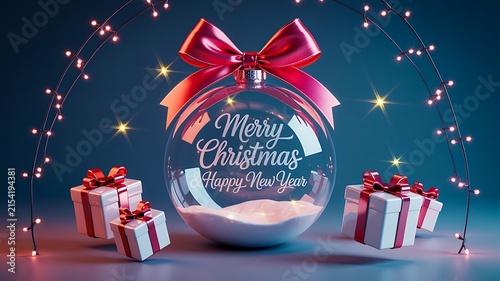Christmas ornament with merry christmas greeting and festive gifts under sparkling lights