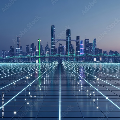 Futuristic cityscape with digital lines technology concept night scene