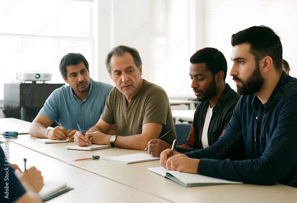 Fototapeta premium Diverse group of adult students taking notes during a classroom lecture or business meeting, focused on learning and collaboration
