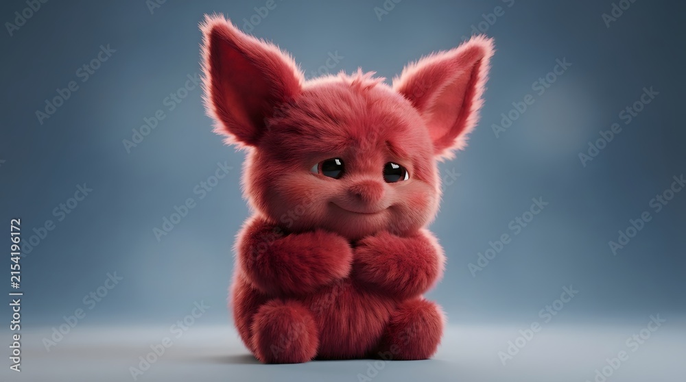 Fototapeta premium Adorable fluffy pink creature with large ears on blue background