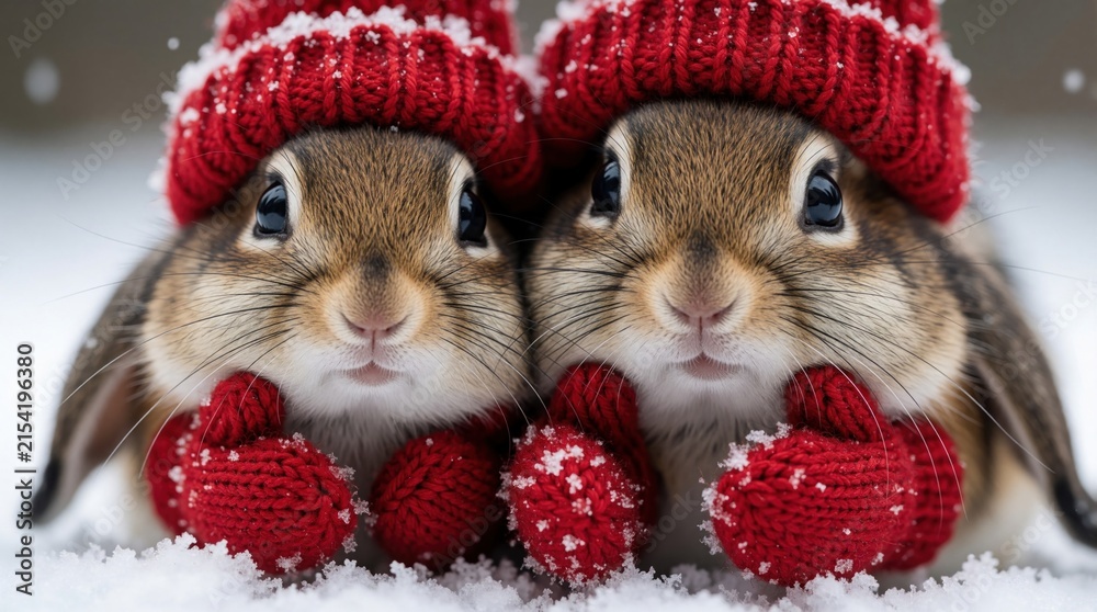 Obraz premium Two cute bunnies wear red hats and mittens in a snowy forest. Small animals look curious and cozy, enjoying winter fun. Adorable rabbits wear winter attire.