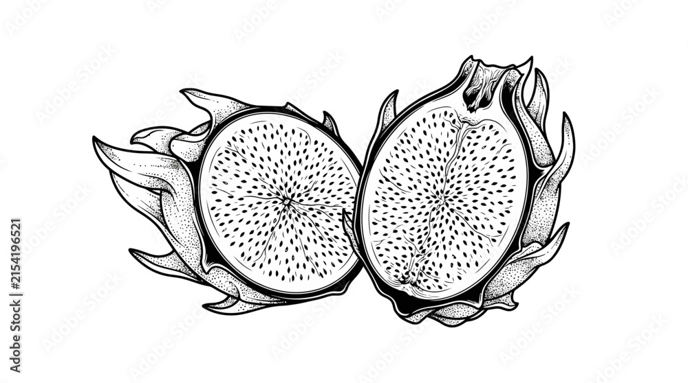 Obraz premium Dragon fruit sliced in half revealing textured pulp with tiny black seeds and scaly pink peel in detailed sketch style.