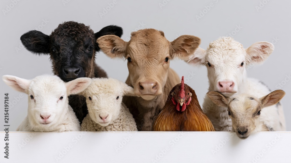 Fototapeta premium The Curious Sheep and Rooster Peering Over a White Fence