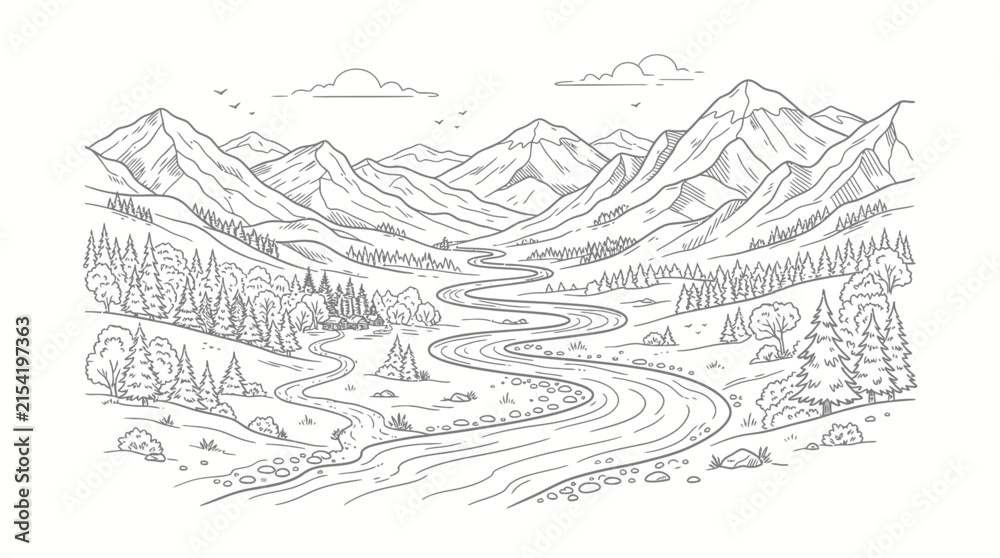 Fototapeta premium Mountain valley with a winding river and pine forest is illustrated in a detailed black and white line drawing style.