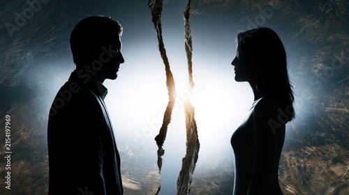 Silhouetted man and woman facing each other with a bright light between torn paper representing conflict or separation in a dramatic conceptual scene