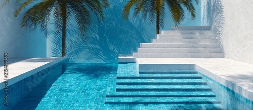 swimming pool at the bank of the luxurious beach glass platted with sierra blue water abstract backgroiund 