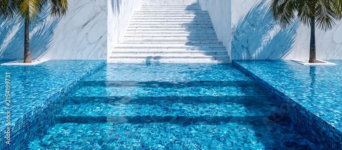 swimming pool at the bank of the luxurious beach glass platted with sierra blue water abstract backgroiund 