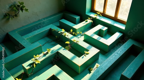 A Teal Wooden Labyrinth with Verdant Spring Branches Illuminates a Sunlit Room
