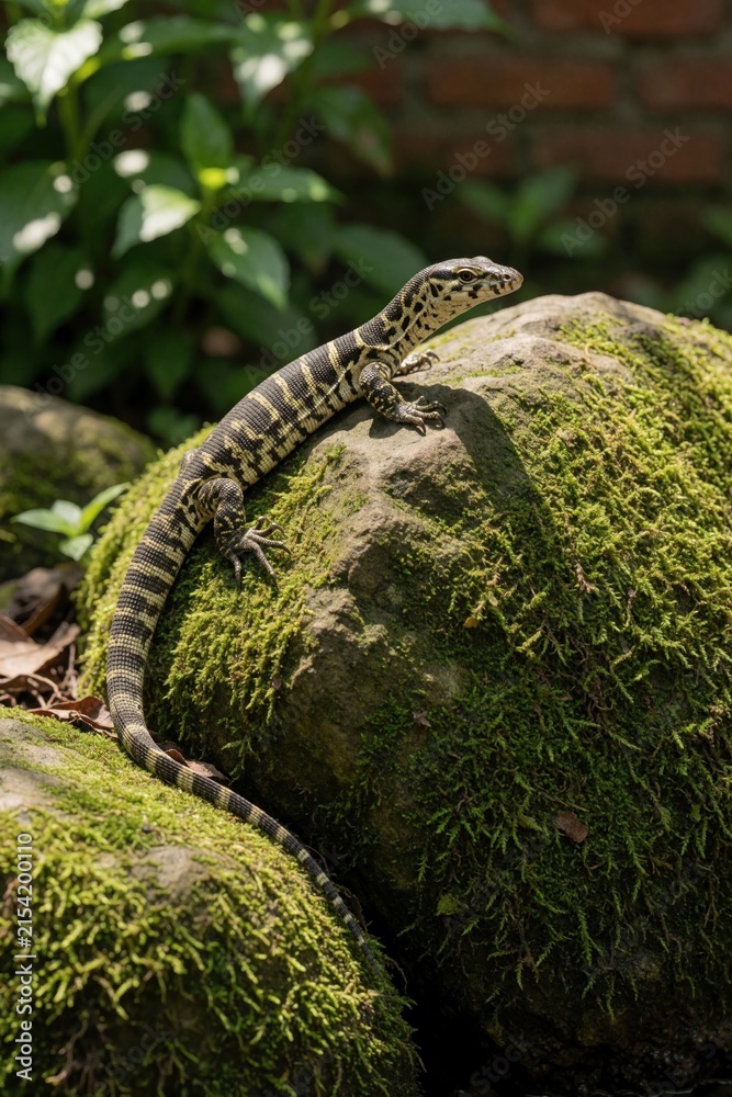 Obraz premium Juvenile Asian water monitor lizard rests on mossy rock. Its patterned body is black and yellow. Background shows green foliage and brick wall. Reptile poses in natural habitat.