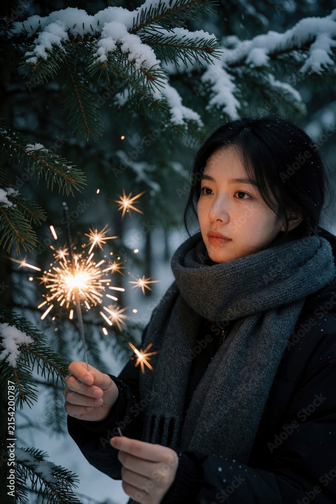 Obraz premium Young woman holds lit sparkler in snowy pine forest. Female enjoys glowing firework light. Winter celebration glow sparks, creating magical atmosphere.