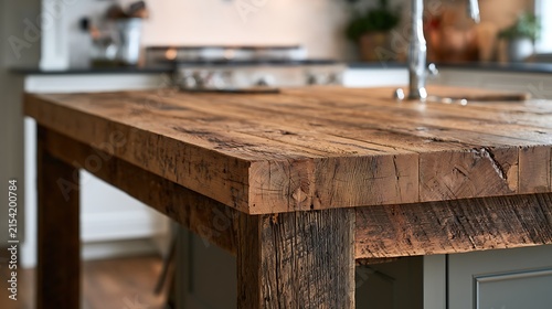 Rustic reclaimed wood kitchen island countertop with weathered texture.