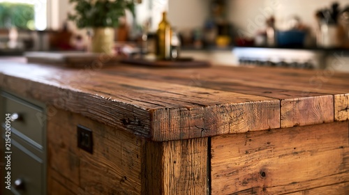 Rustic reclaimed wood kitchen island countertop in a home interior.