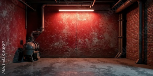 A dimly lit industrial space with aged red brick walls, metallic pipes, and a singular piece of machinery