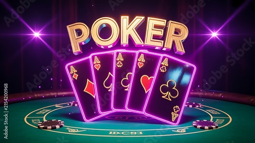 Glowing poker cards on casino table representing gambling entertainment and winning